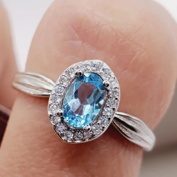 Natural Swiss Blue Topaz Sterling Silver Diamond Halo Ring - Picture 3 of 5